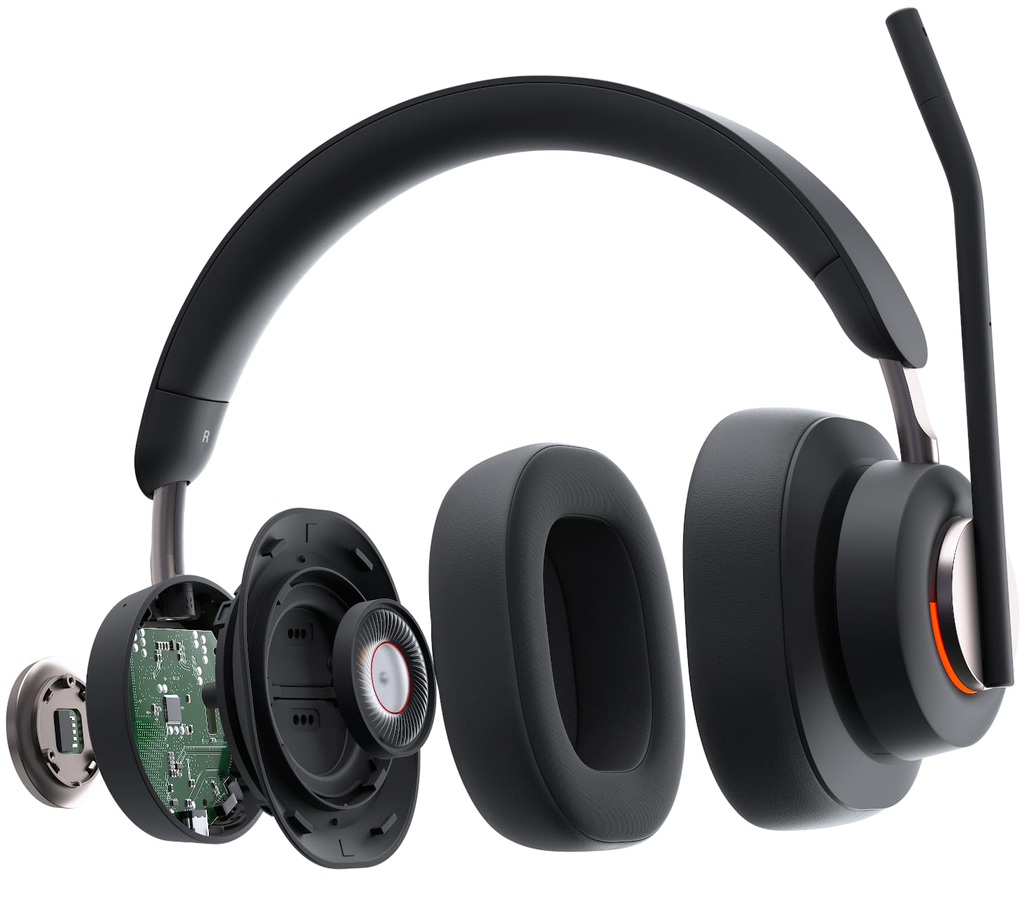 Kensington H3000 Bluetoothオーバーイヤーヘッドセットの前面のクローズアップ（ビジーライト点灯、ミュート位置のマイク、開かれた右イヤーカップから見える内部構造）